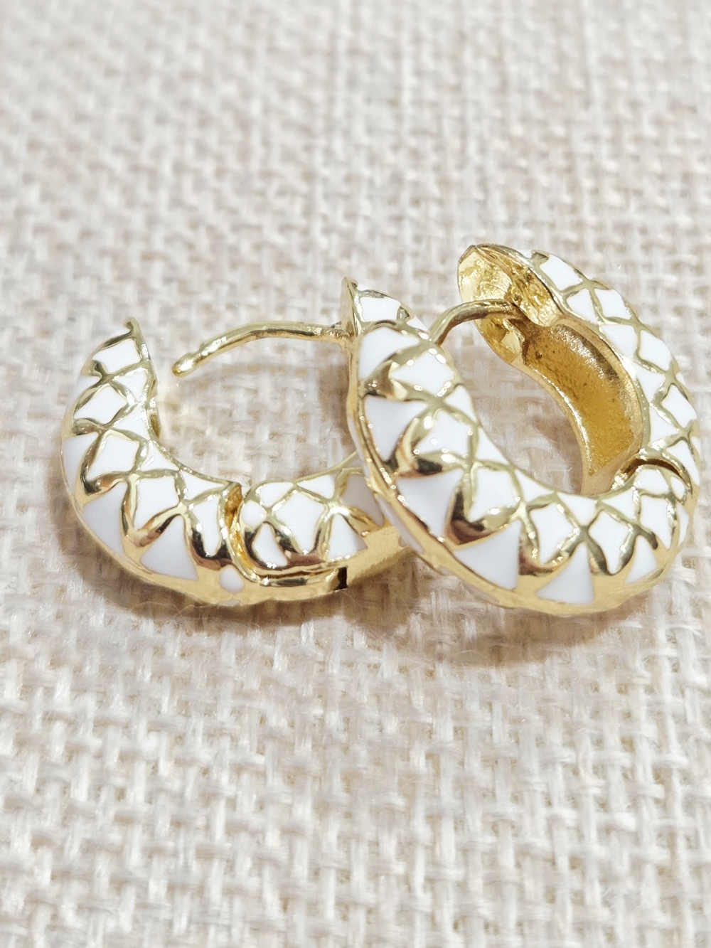 Gold and White Enamel Hoop Earrings